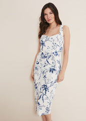 Kaya Linen Floral Bodycon Midi Dress - White/Blue