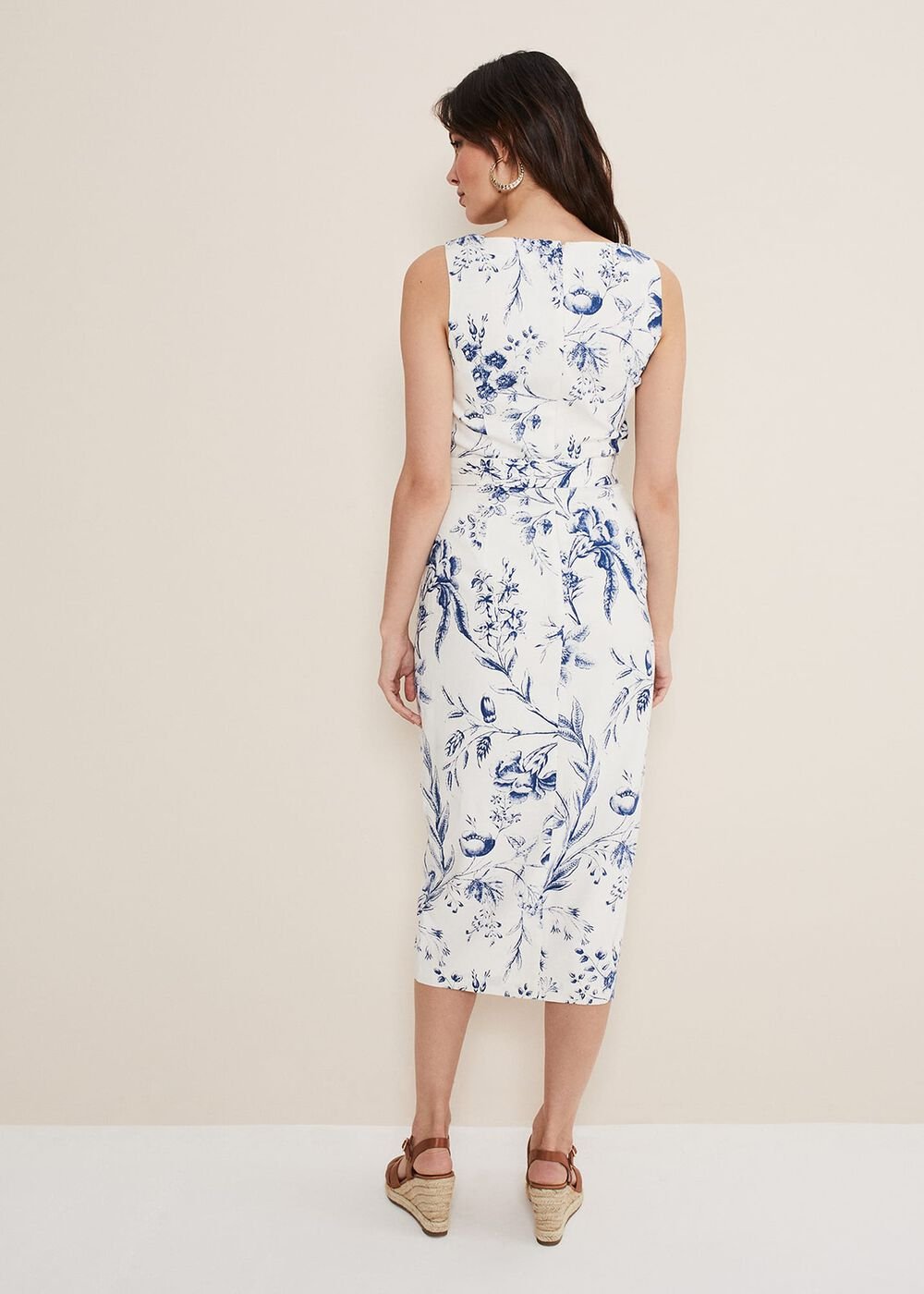 Kaya Linen Floral Bodycon Midi Dress - White/Blue