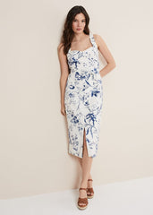 Kaya Linen Floral Bodycon Midi Dress - White/Blue