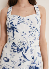 Kaya Linen Floral Bodycon Midi Dress - White/Blue