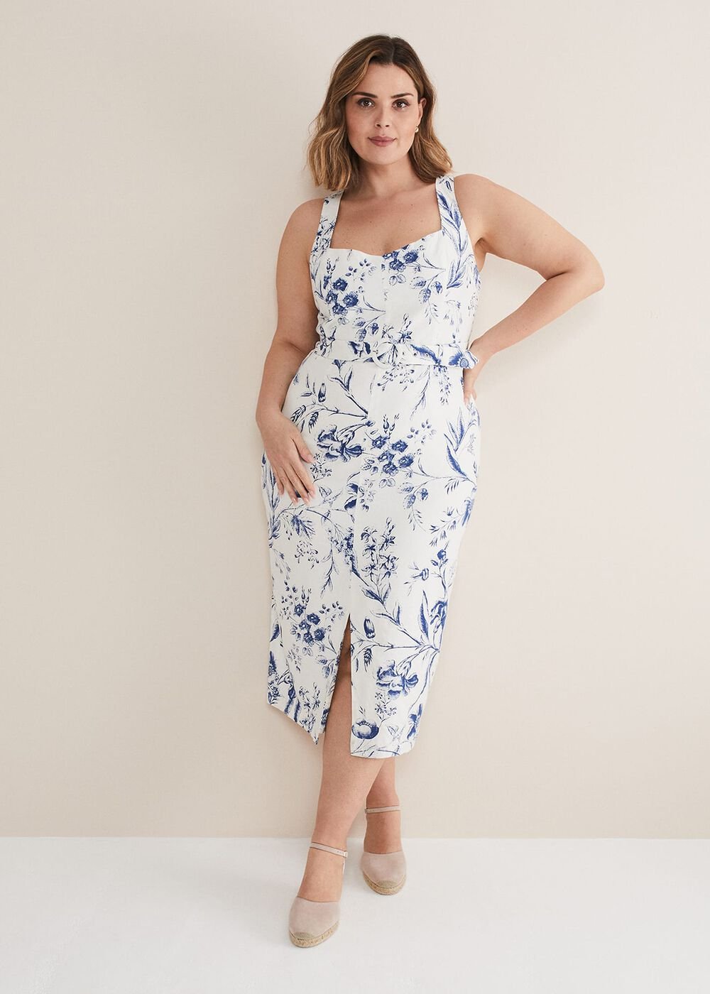 Kaya Linen Floral Bodycon Midi Dress - White/Blue