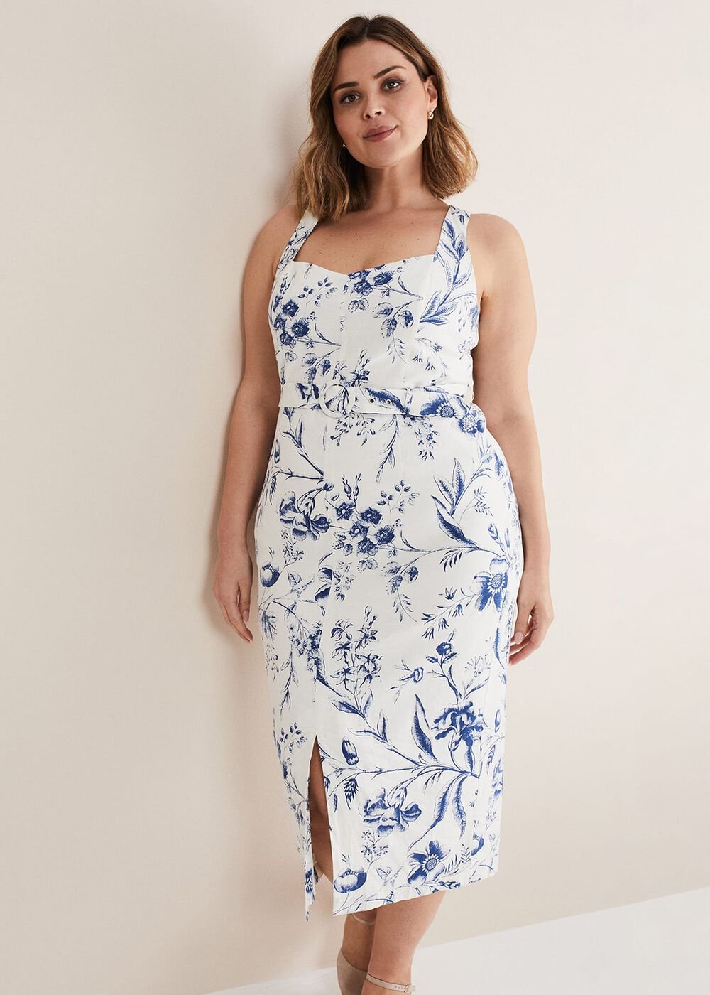 Kaya Linen Floral Bodycon Midi Dress - White/Blue