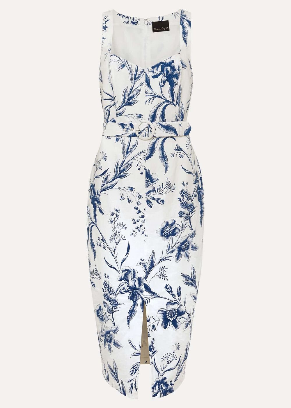 Kaya Linen Floral Bodycon Midi Dress - White/Blue