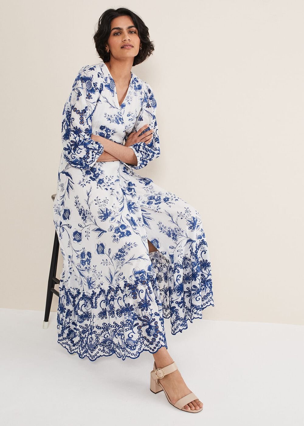 Abriella Floral Broderie Midi Dress - Blue/White