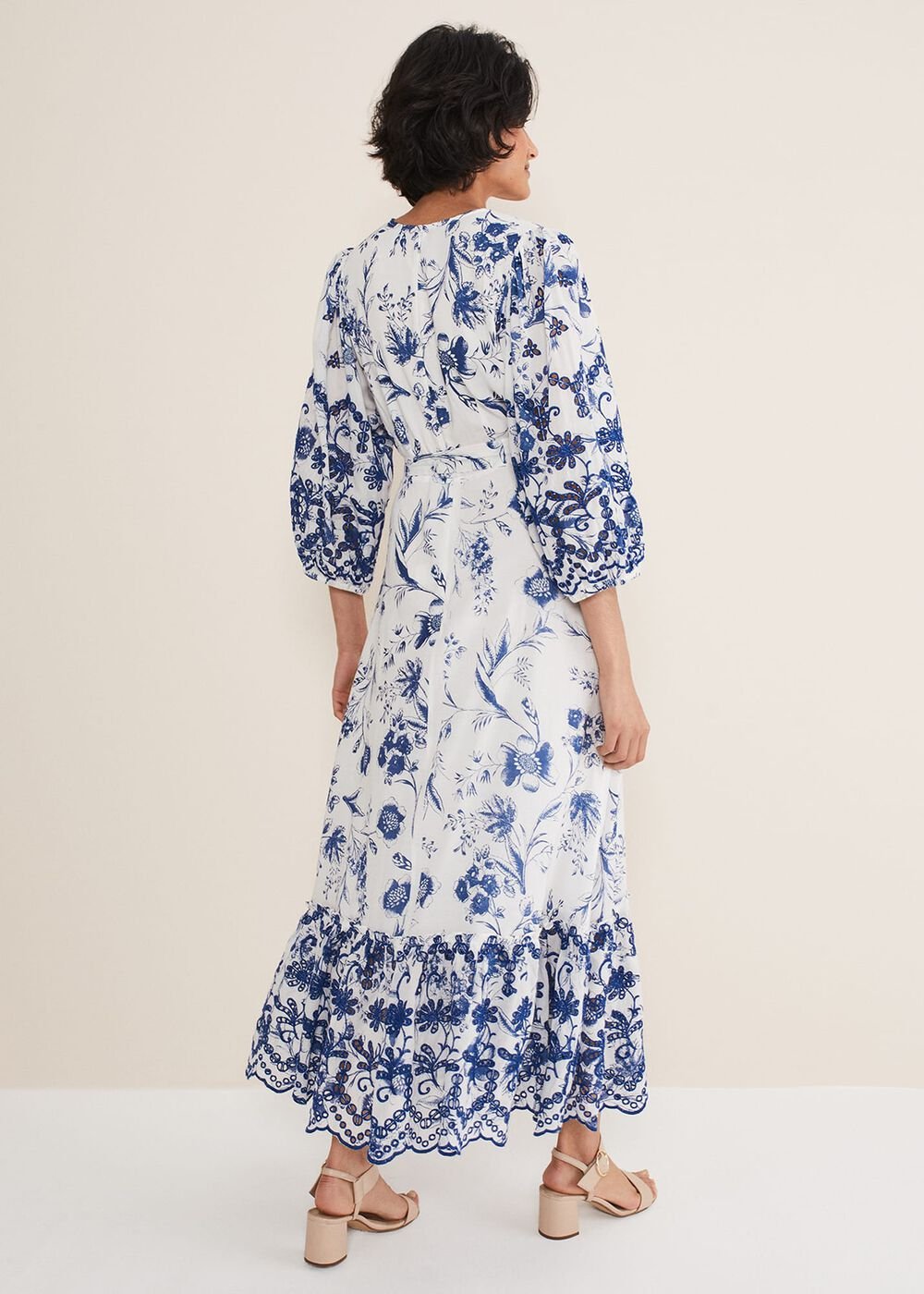 Abriella Floral Broderie Midi Dress - Blue/White