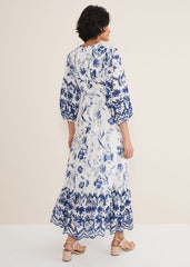 Abriella Floral Broderie Midi Dress - Blue/White