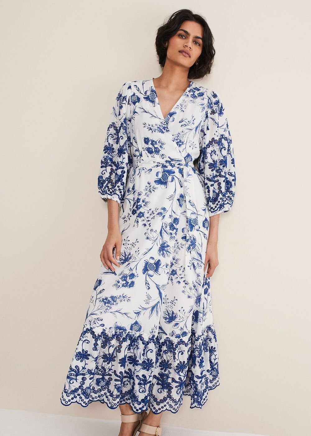 Abriella Floral Broderie Midi Dress - Blue/White
