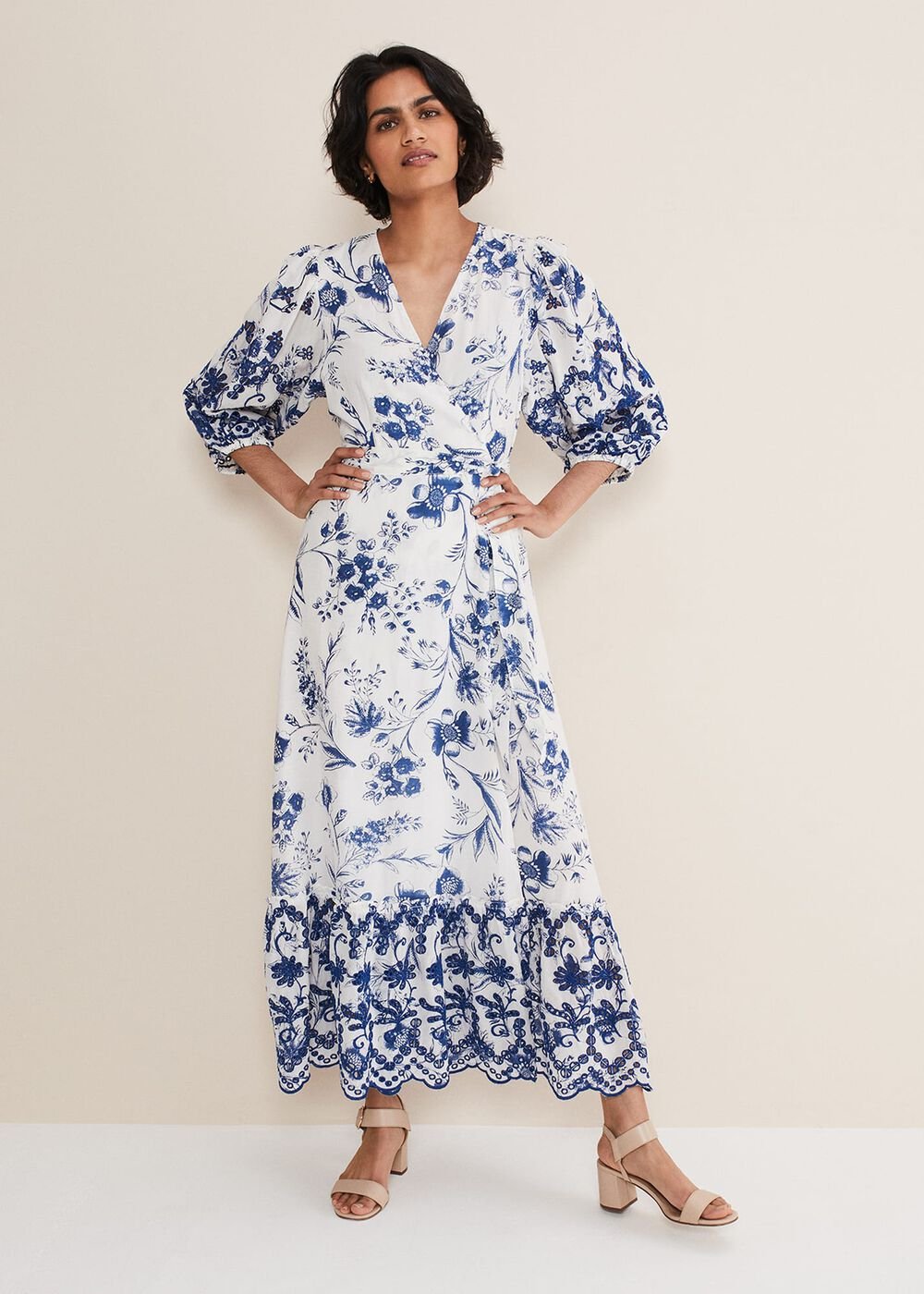 Abriella Floral Broderie Midi Dress - Blue/White