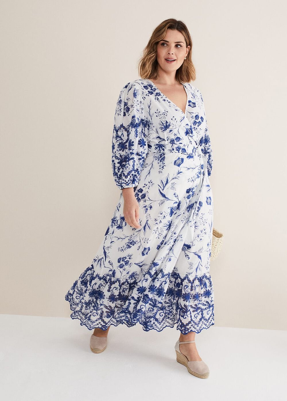 Abriella Floral Broderie Midi Dress - Blue/White
