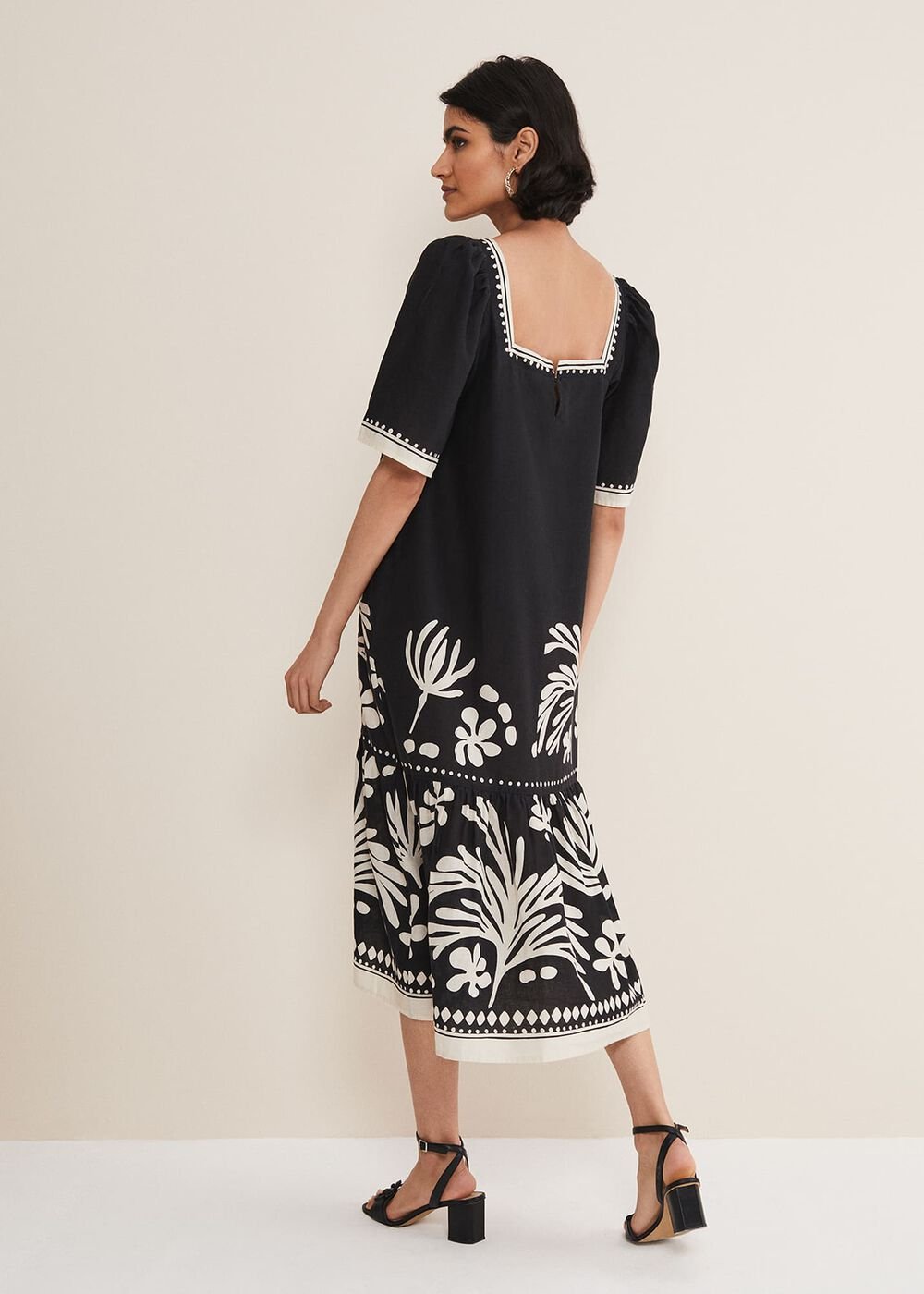 Claria Linen Midi Dress - Black/Ivory