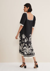 Claria Linen Midi Dress - Black/Ivory