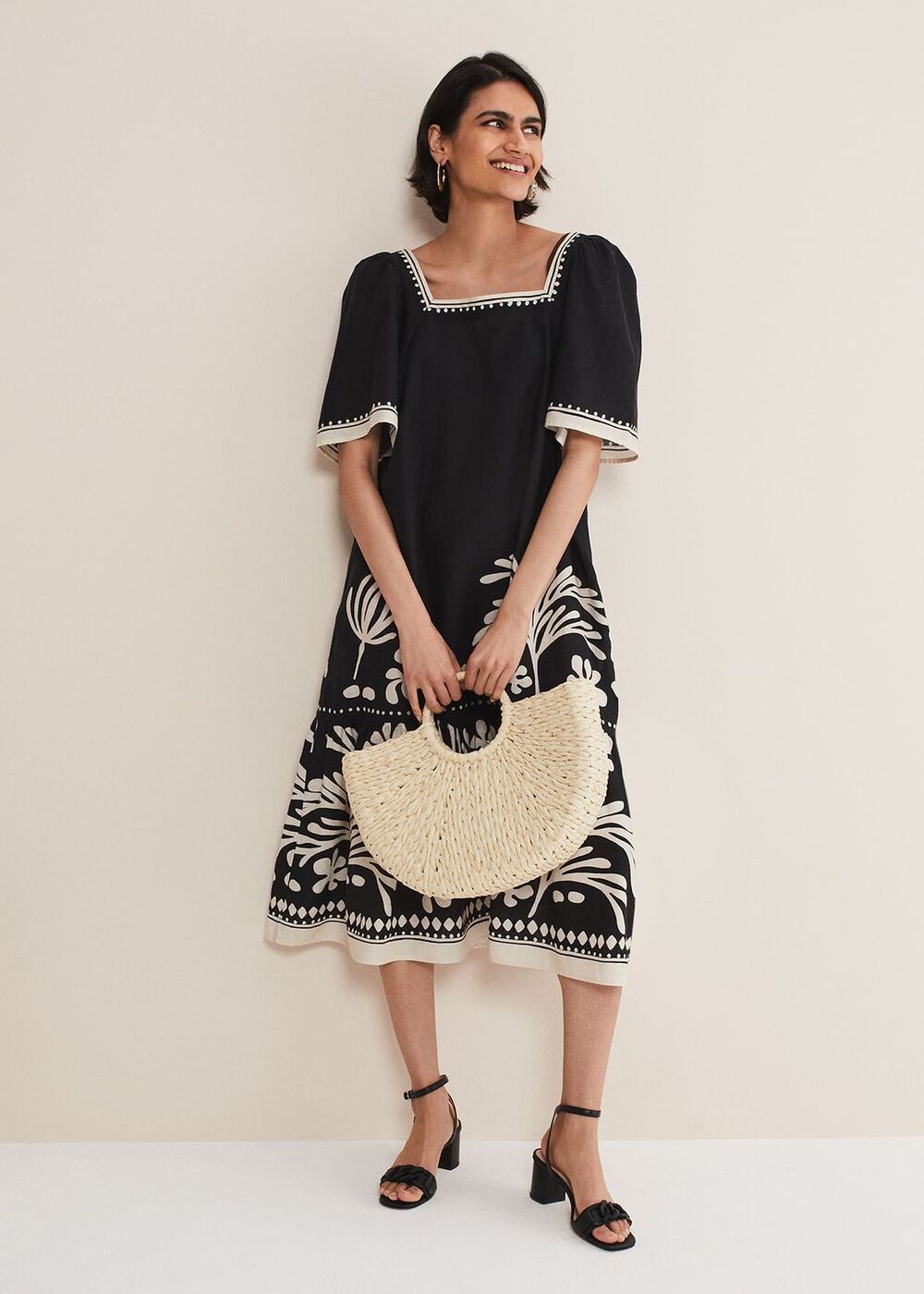 Claria Linen Midi Dress - Black/Ivory