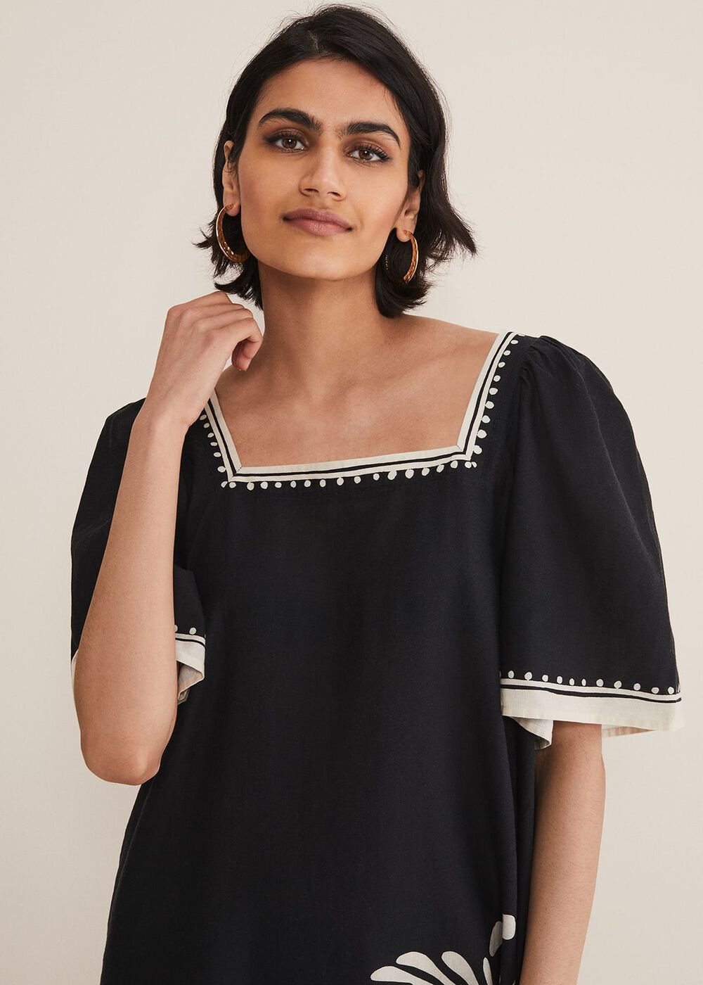 Claria Linen Midi Dress - Black/Ivory