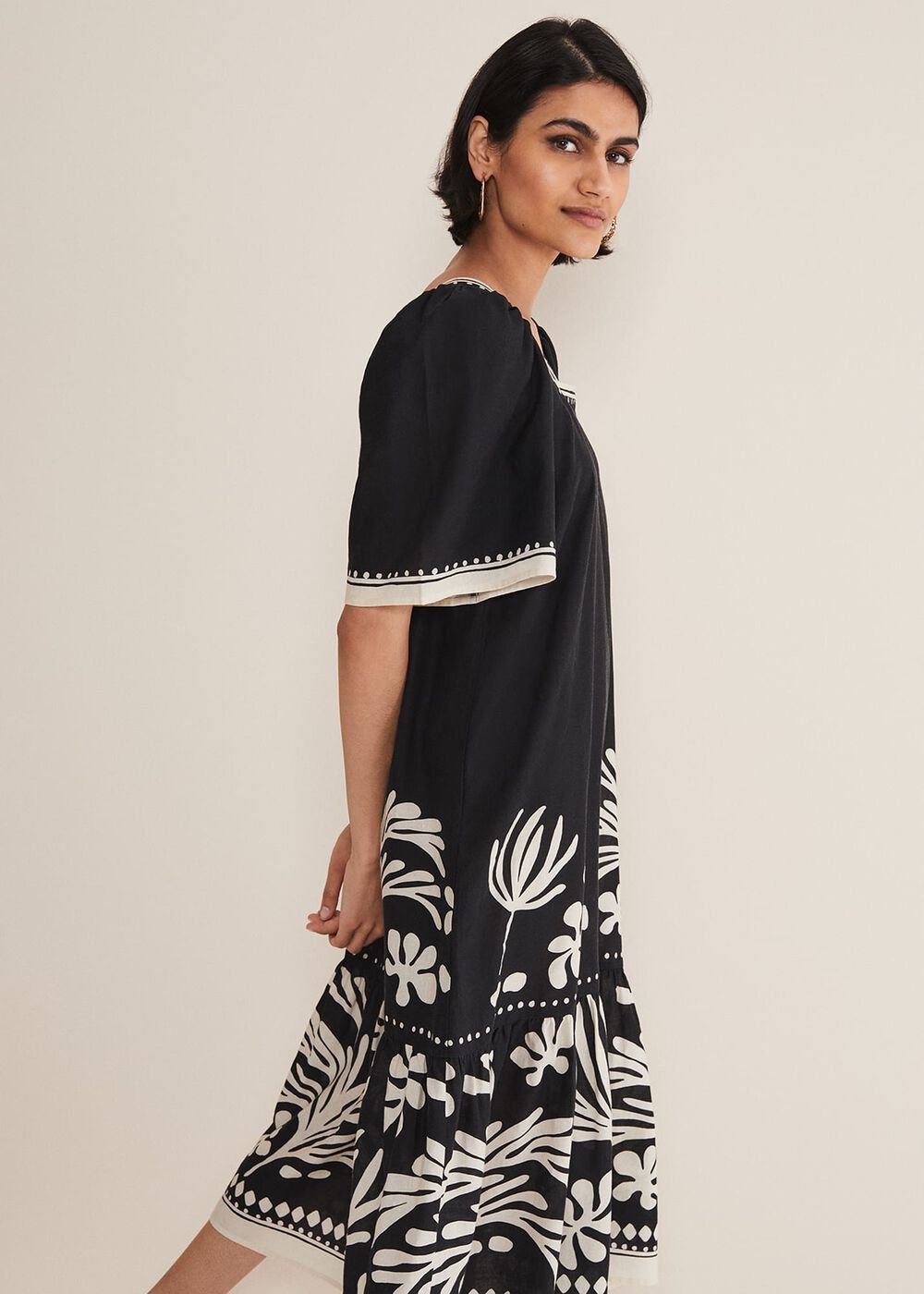 Claria Linen Midi Dress - Black/Ivory