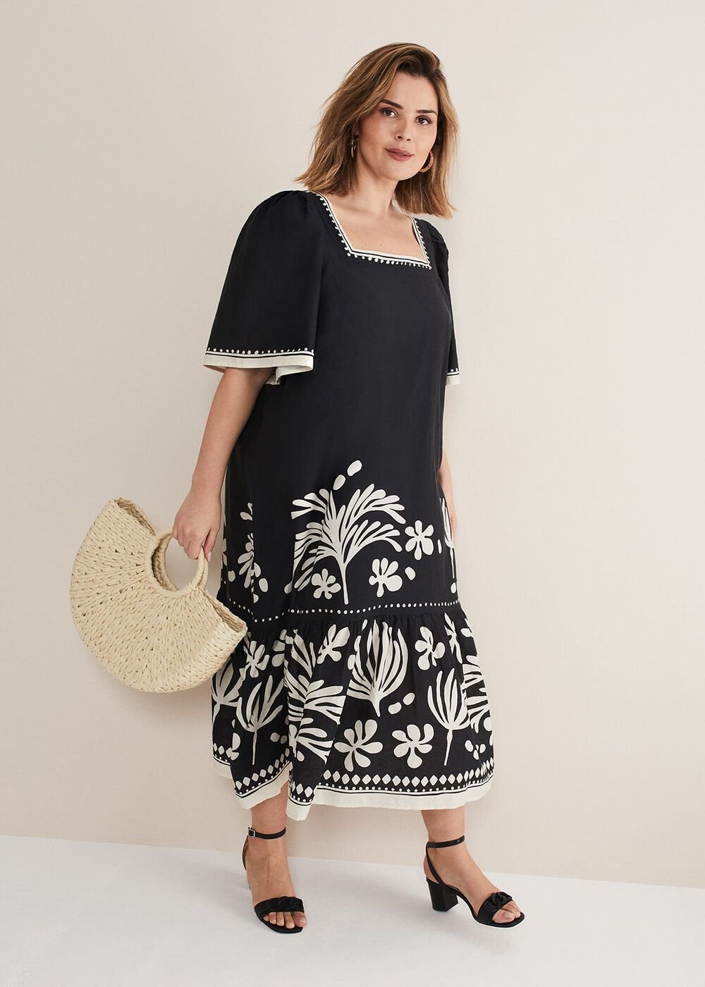 Claria Linen Midi Dress - Black/Ivory