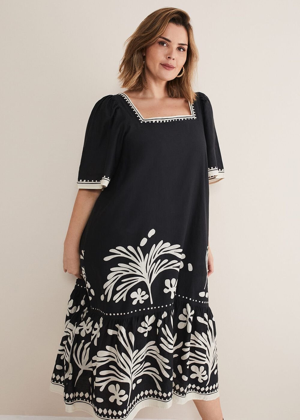 Claria Linen Midi Dress - Black/Ivory