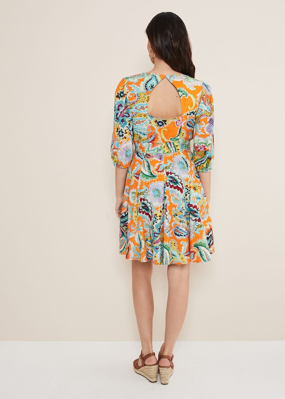 Azalia Paisley Linen Swing Dress - Orange/Multi