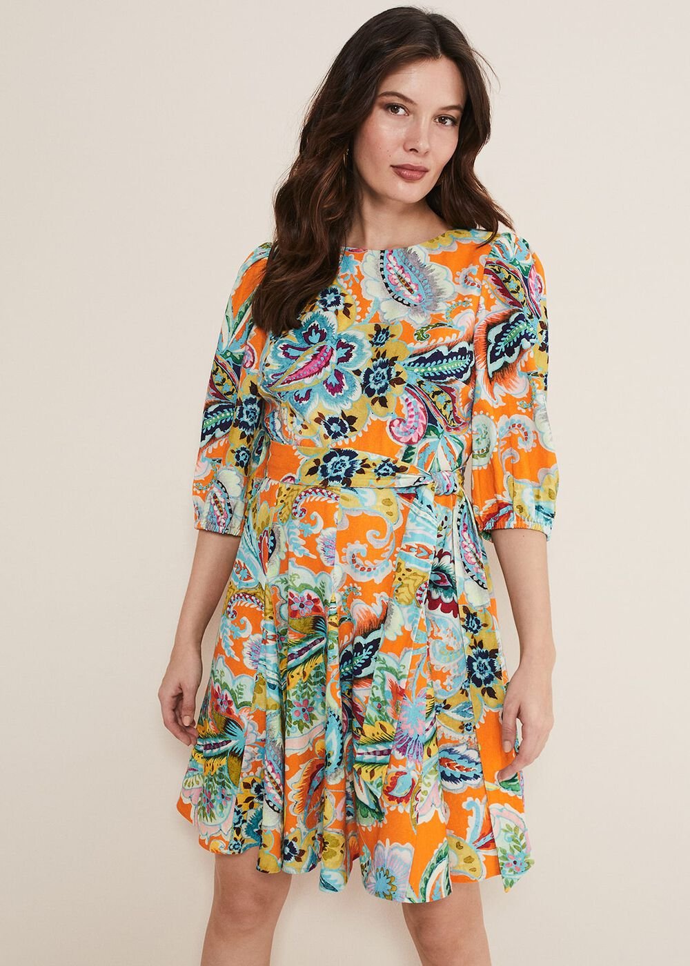 Azalia Paisley Linen Swing Dress - Orange/Multi