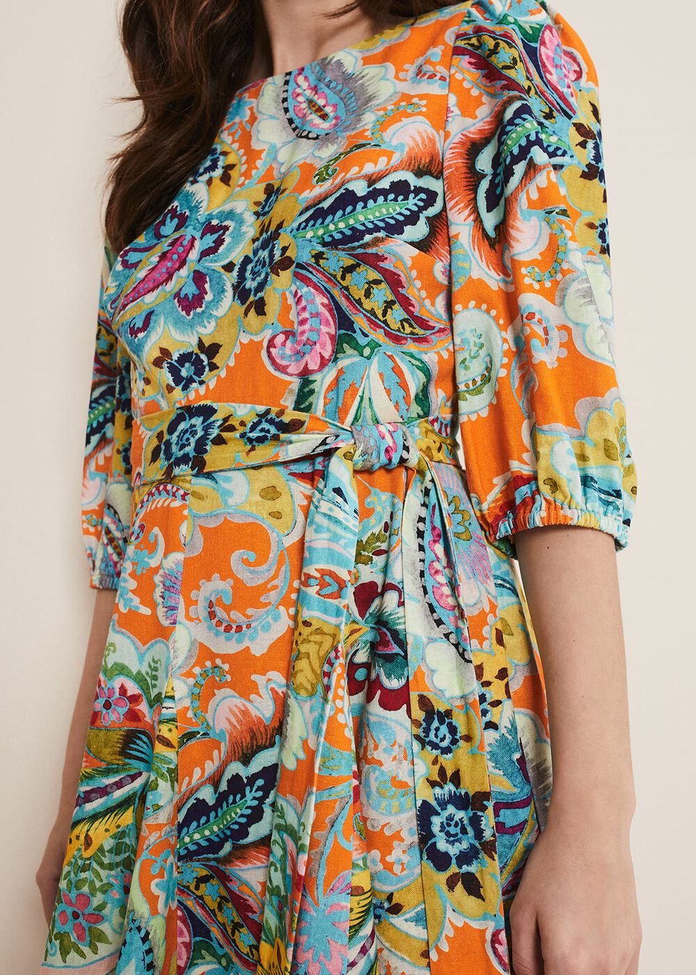Azalia Paisley Linen Swing Dress - Orange/Multi