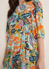 Azalia Paisley Linen Swing Dress - Orange/Multi