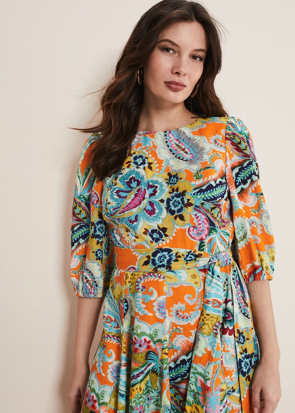 Azalia Paisley Linen Swing Dress - Orange/Multi