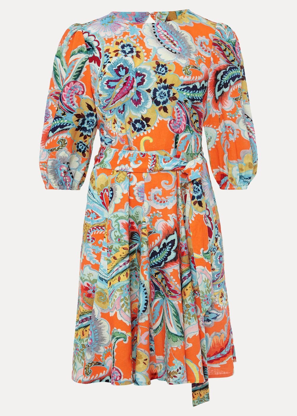 Azalia Paisley Linen Swing Dress - Orange/Multi