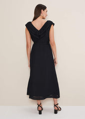Julieta Frill Broderie Linen Midi Dress - Black