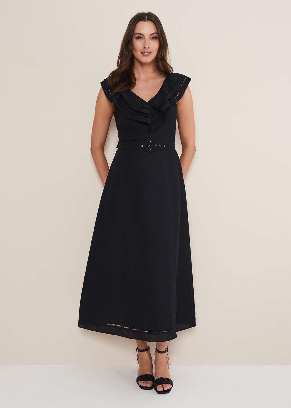 Julieta Frill Broderie Linen Midi Dress - Black