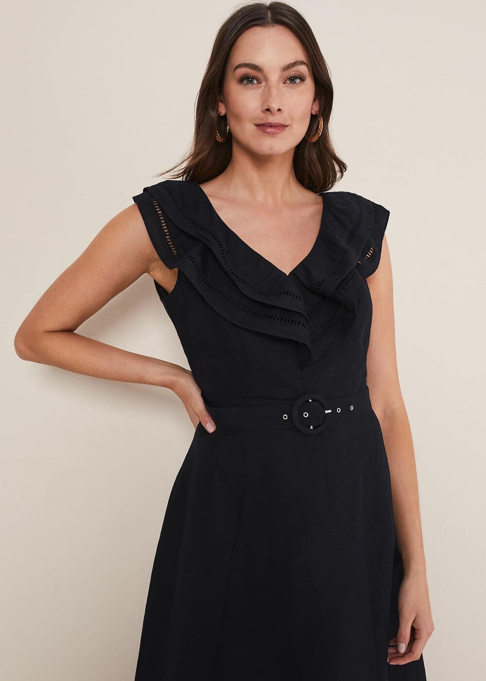 Julieta Frill Broderie Linen Midi Dress - Black
