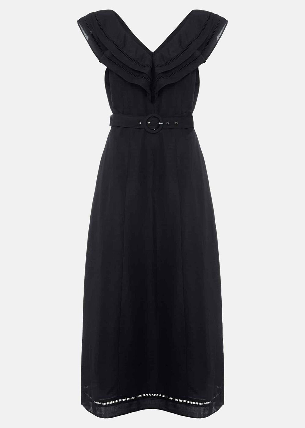 Julieta Frill Broderie Linen Midi Dress - Black