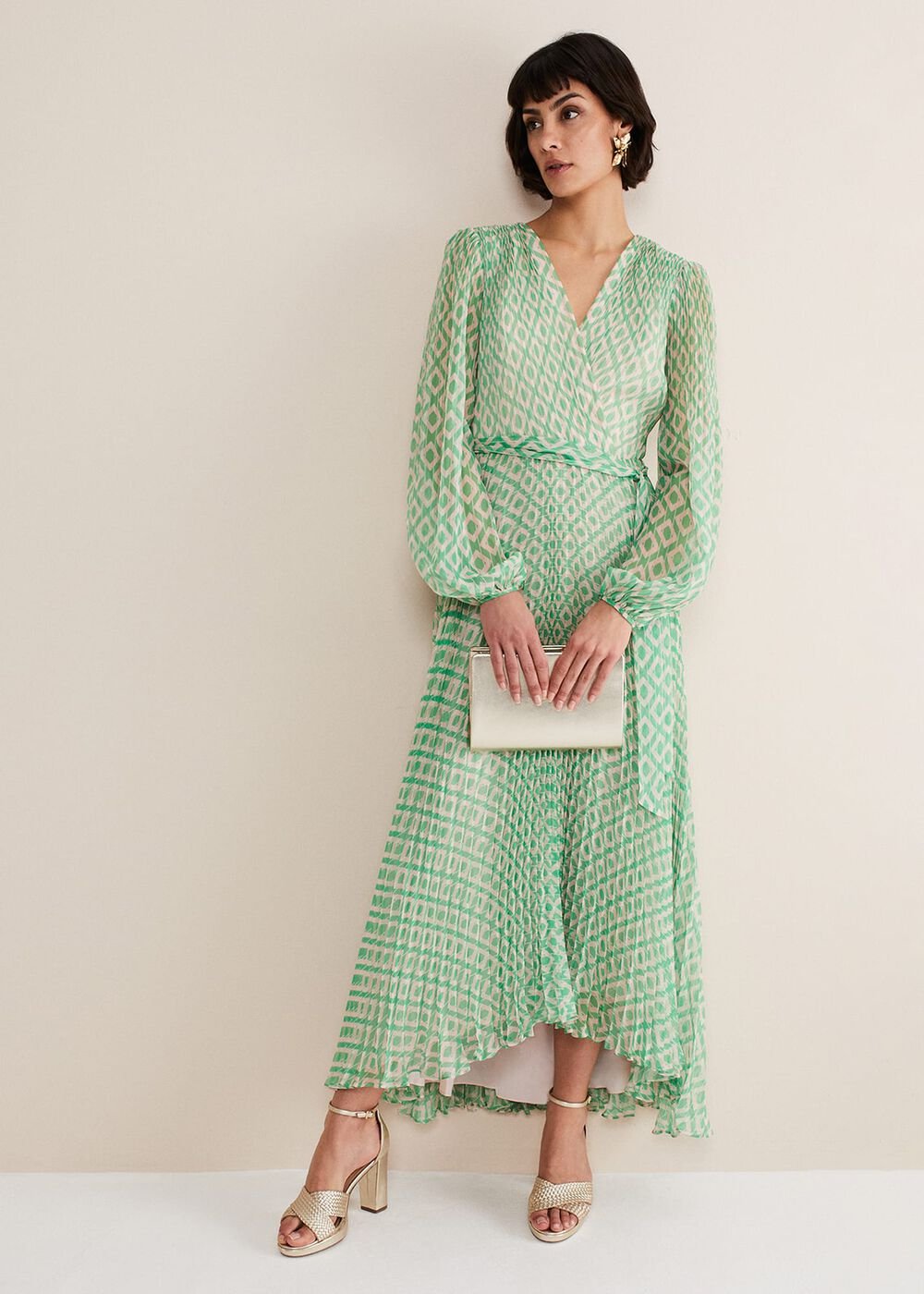 Roxanna Pleated Diamond Maxi Dress - Powder Pink/Green