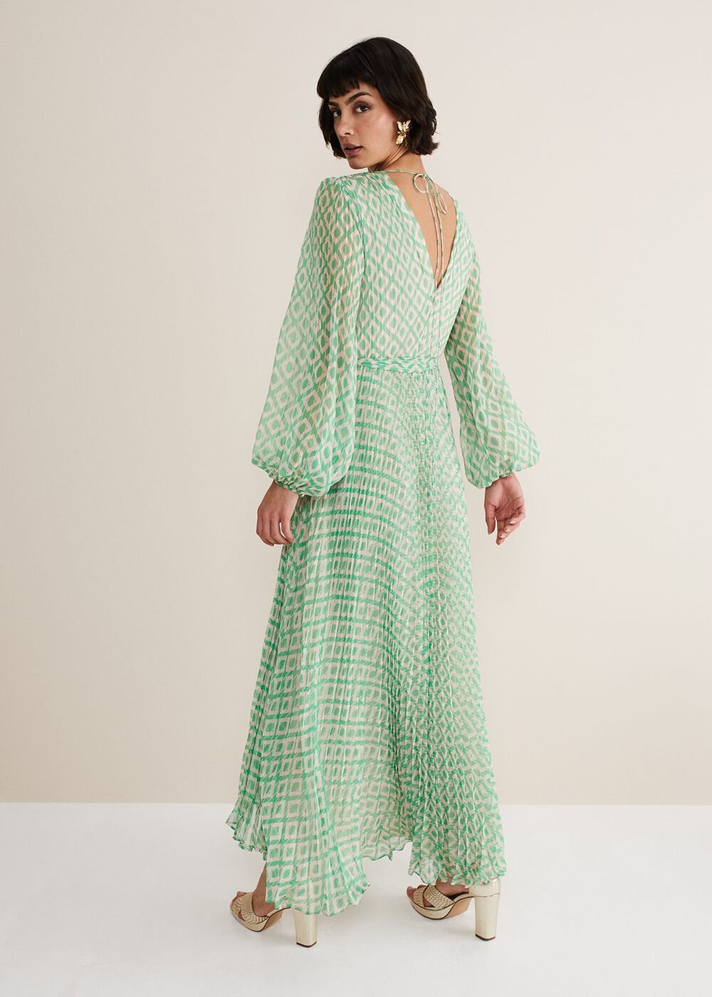 Roxanna Pleated Diamond Maxi Dress - Powder Pink/Green