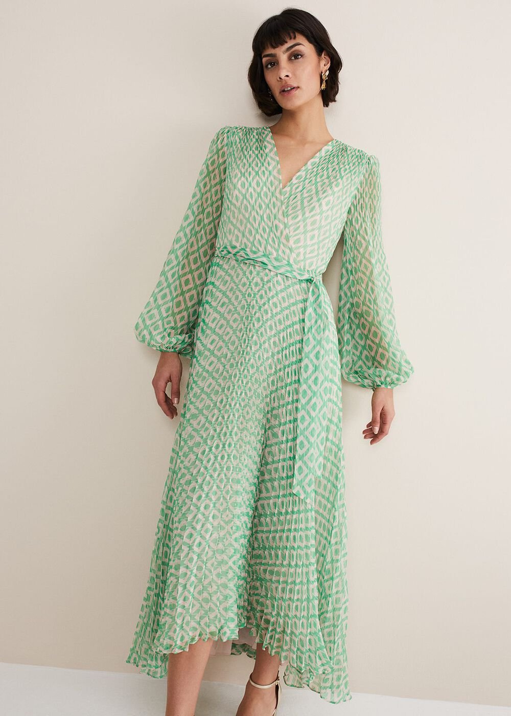 Roxanna Pleated Diamond Maxi Dress - Powder Pink/Green