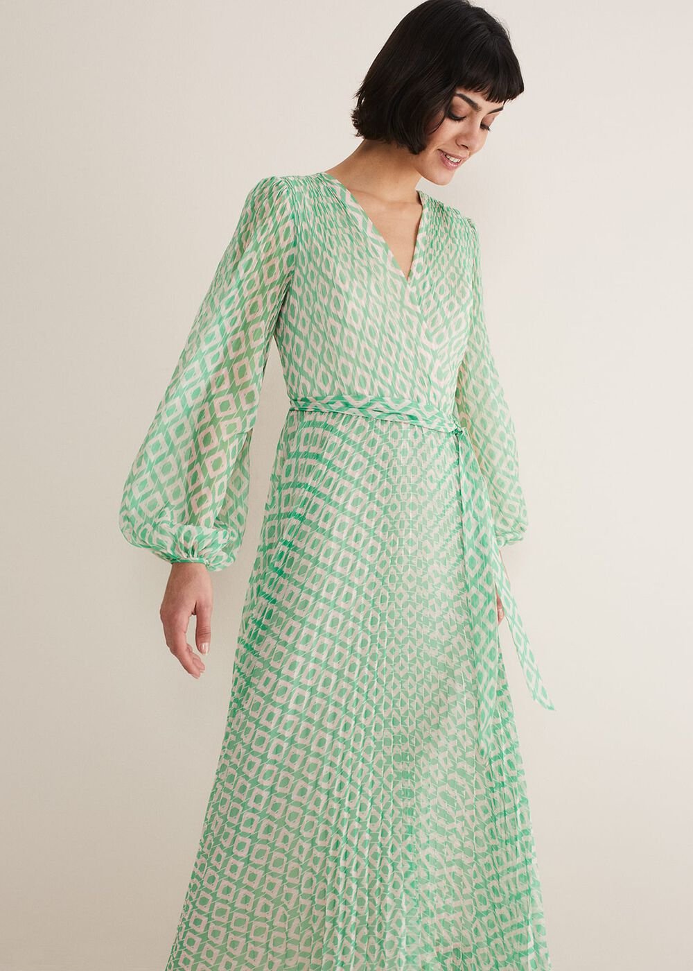 Roxanna Pleated Diamond Maxi Dress - Powder Pink/Green