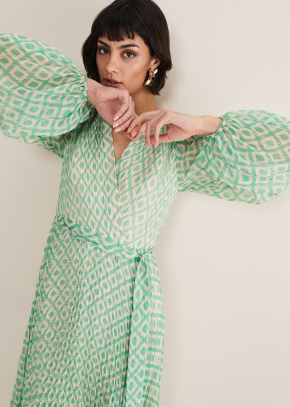 Roxanna Pleated Diamond Maxi Dress - Powder Pink/Green