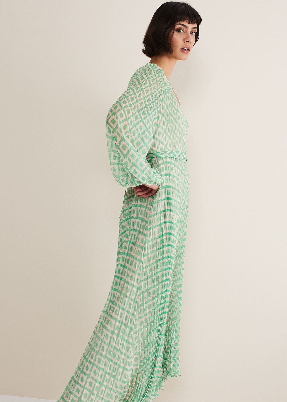 Roxanna Pleated Diamond Maxi Dress - Powder Pink/Green