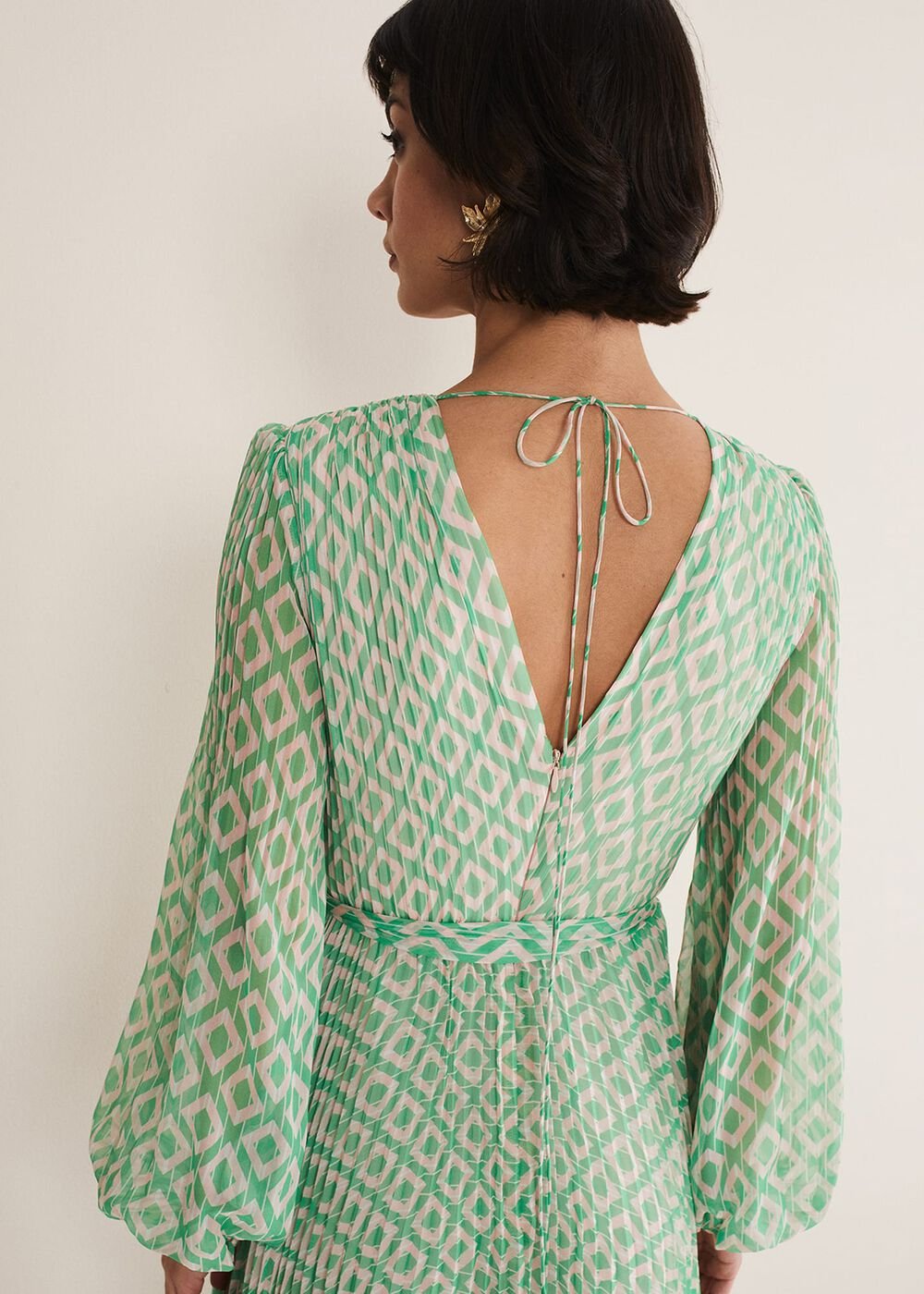 Roxanna Pleated Diamond Maxi Dress - Powder Pink/Green
