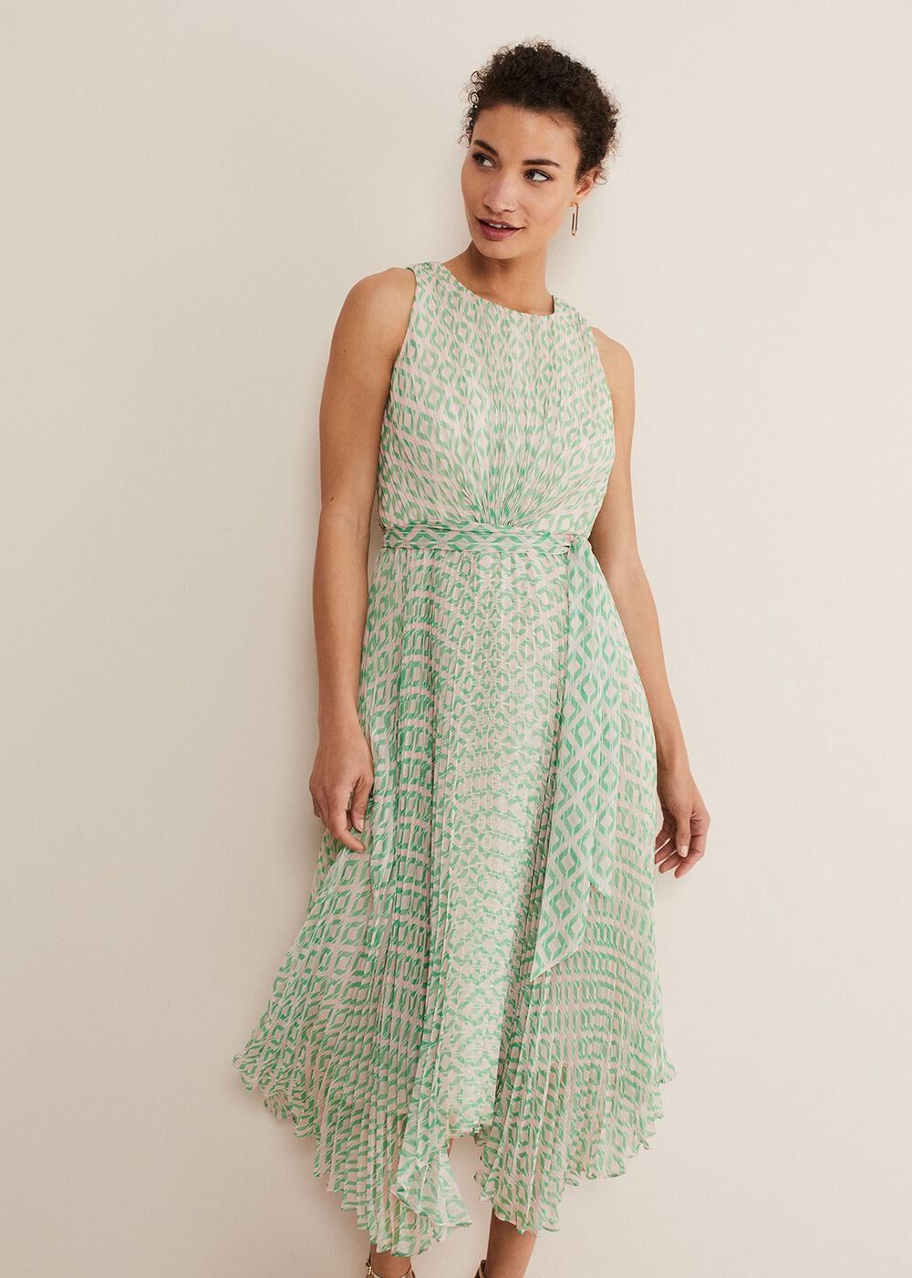 Vanya Diamond Pleated Midi Dress - Powder Pink/Green
