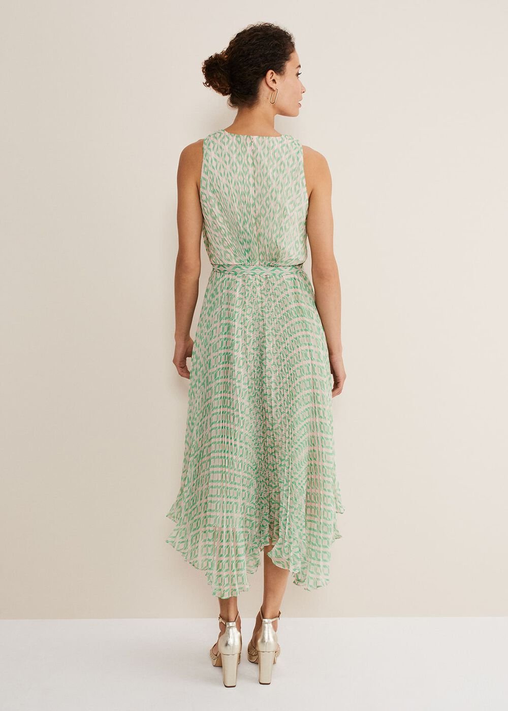 Vanya Diamond Pleated Midi Dress - Powder Pink/Green