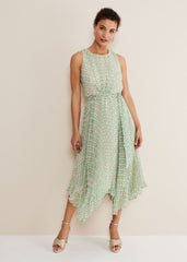 Vanya Diamond Pleated Midi Dress - Powder Pink/Green