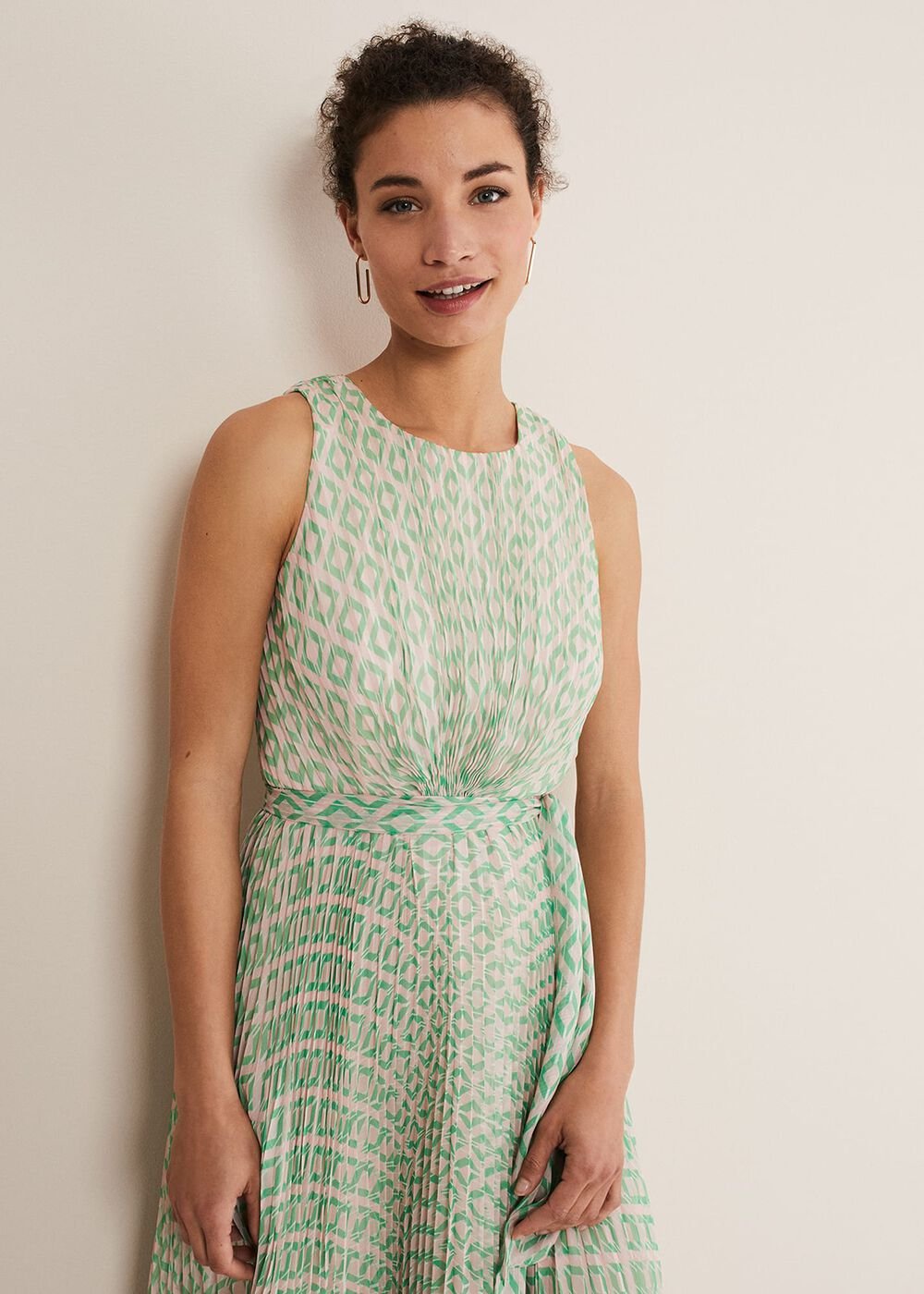 Vanya Diamond Pleated Midi Dress - Powder Pink/Green