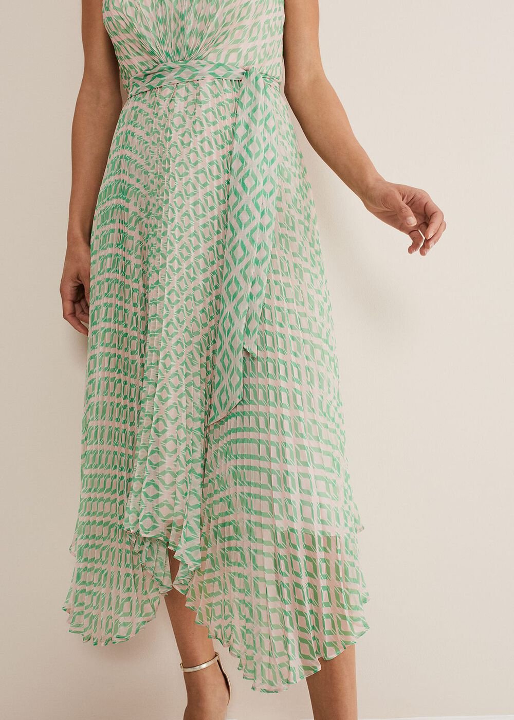Vanya Diamond Pleated Midi Dress - Powder Pink/Green