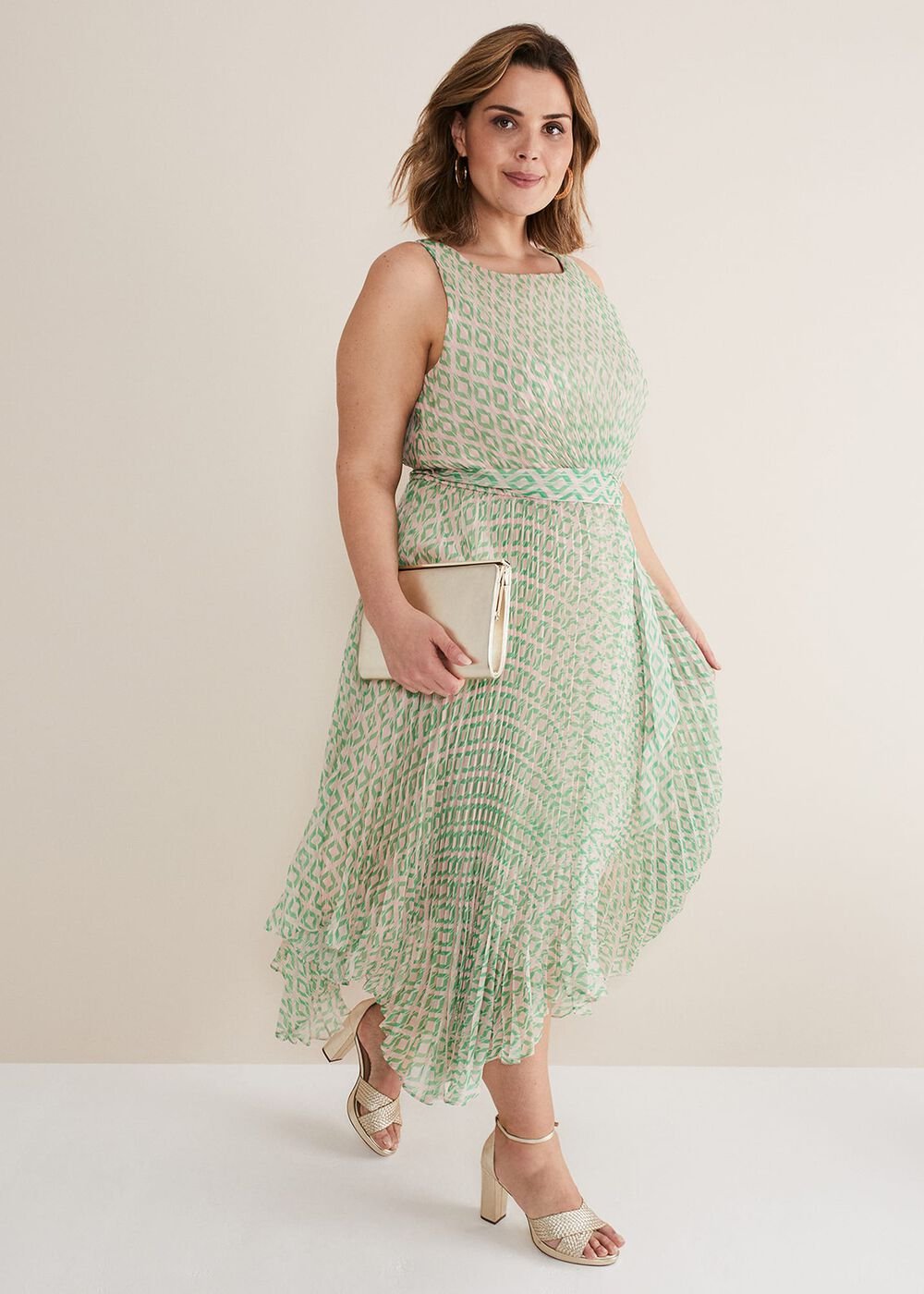 Vanya Diamond Pleated Midi Dress - Powder Pink/Green