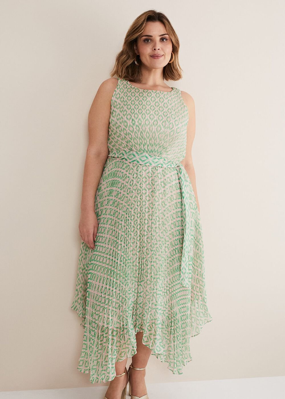 Vanya Diamond Pleated Midi Dress - Powder Pink/Green
