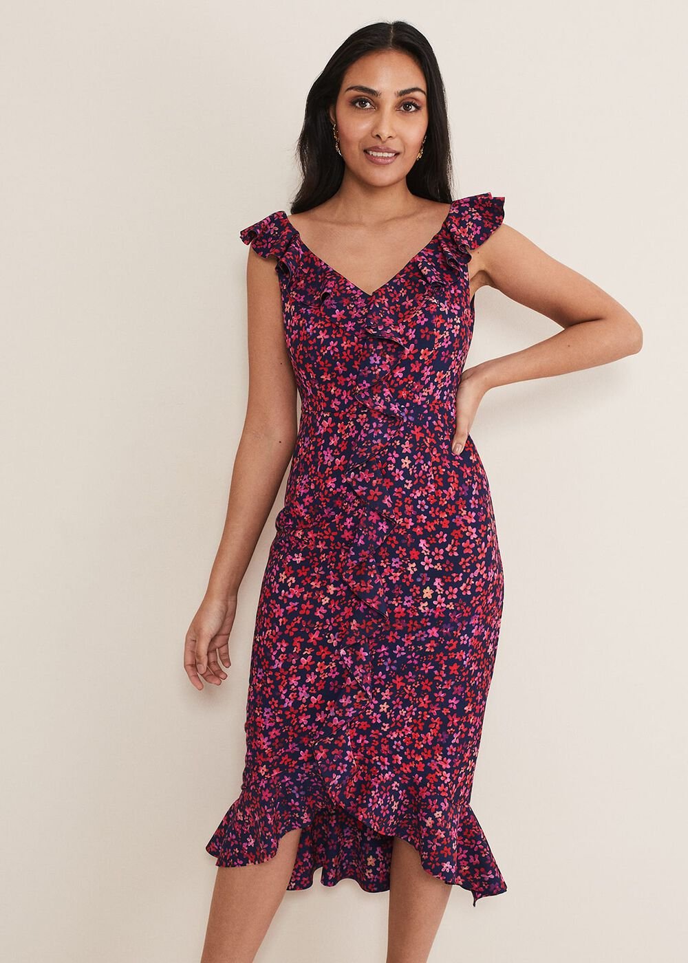 Petite Viola V-Neck Ditsy Frill Dress - Navy/Multi
