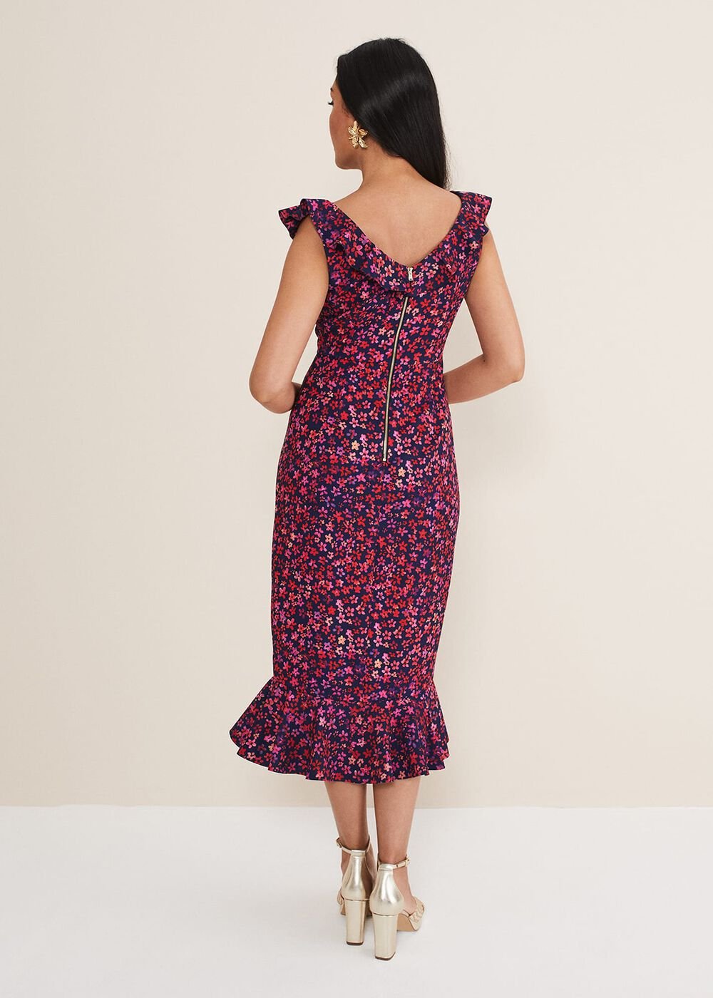 Petite Viola V-Neck Ditsy Frill Dress - Navy/Multi