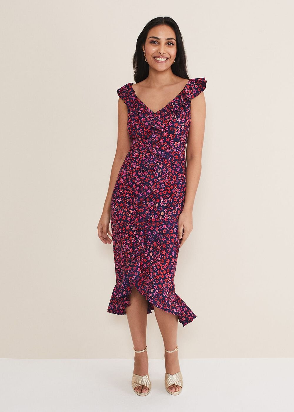 Petite Viola V-Neck Ditsy Frill Dress - Navy/Multi