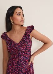 Petite Viola V-Neck Ditsy Frill Dress - Navy/Multi