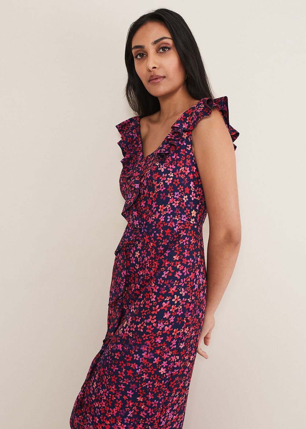 Petite Viola V-Neck Ditsy Frill Dress - Navy/Multi