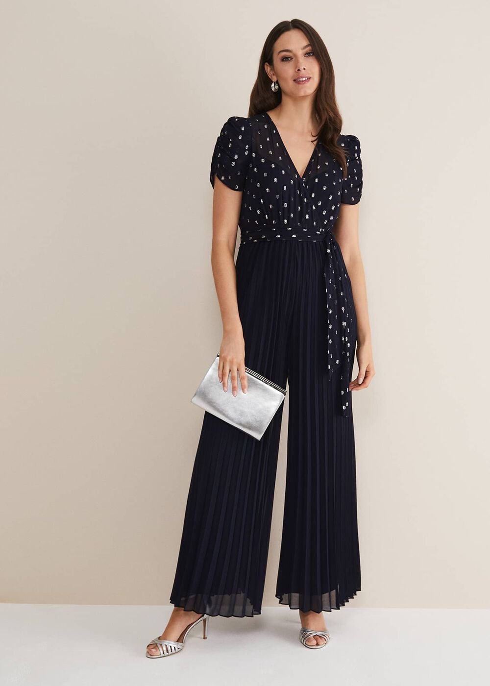 Molli Spot Pleated Jumpsuit - Navy